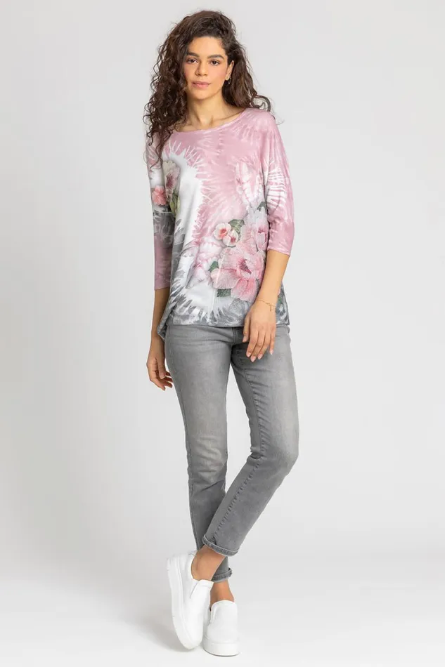 Women Light Pink Tie Dye Floral Border Print Top Roman Tops