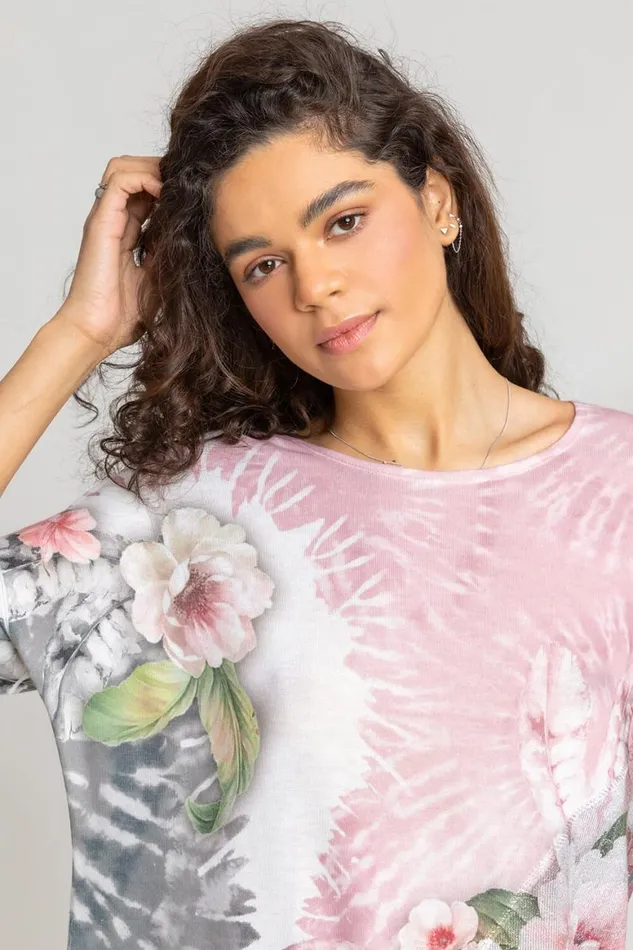 Women Light Pink Tie Dye Floral Border Print Top Roman Tops