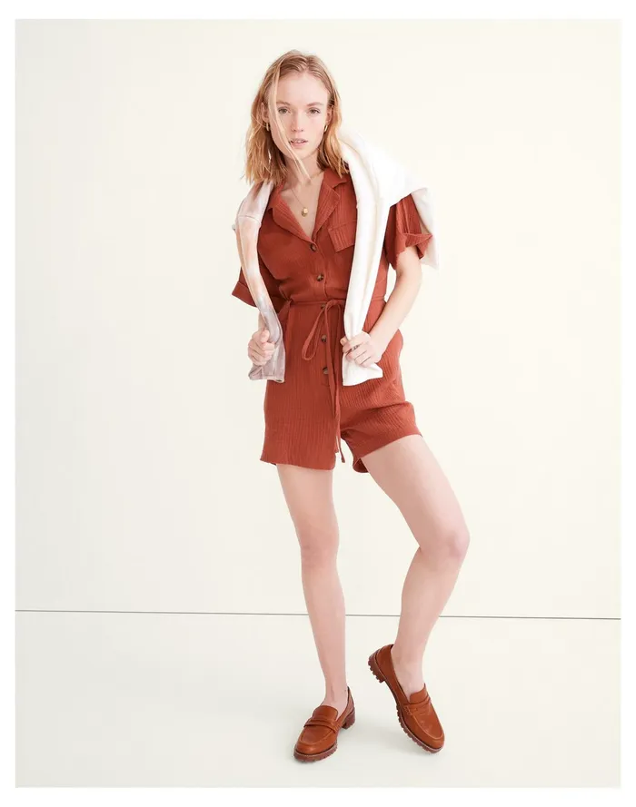 Women Lightspun Belted Safari Romper Weathered Brick Madewell Jumpsuits and Overalls