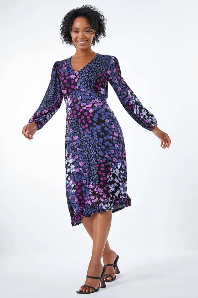 Women Lilac Petite Floral Print Frill Hem Mini Dress Roman Dresses
