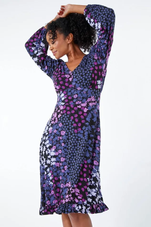 Women Lilac Petite Floral Print Frill Hem Mini Dress Roman Dresses