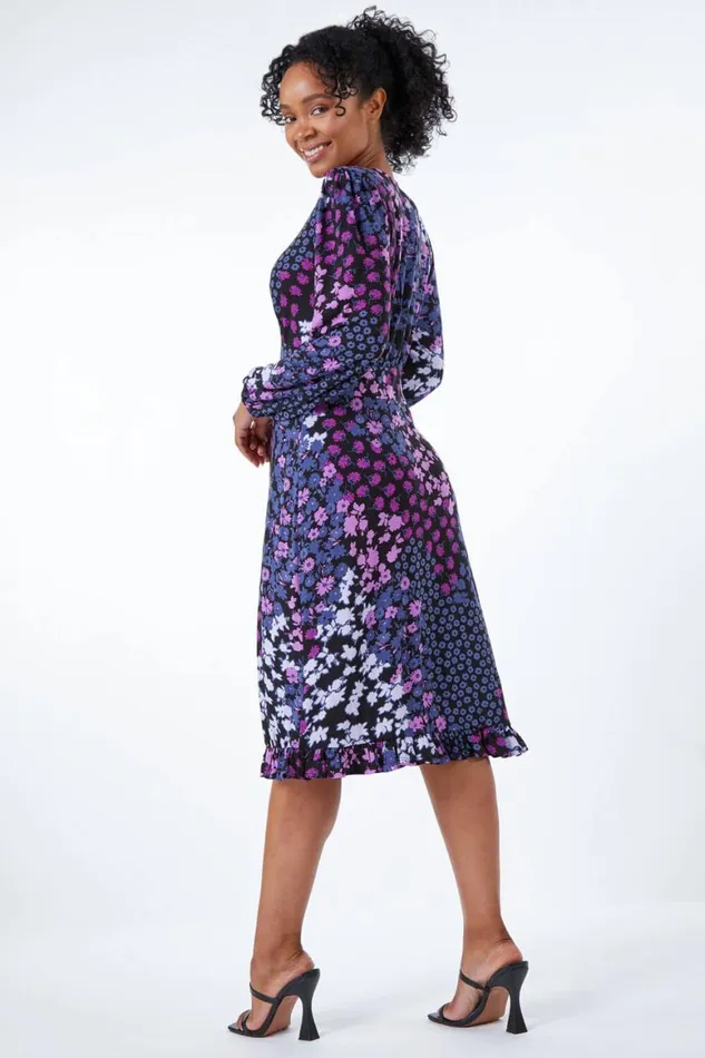 Women Lilac Petite Floral Print Frill Hem Mini Dress Roman Dresses