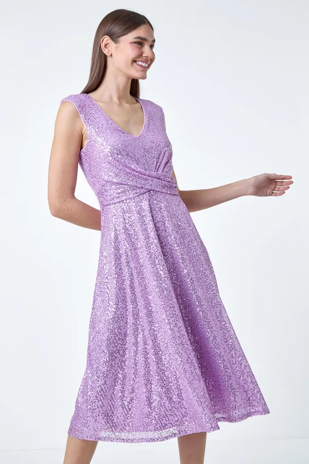 Women Lilac Sequin Wrap Detail Midi Dress Roman Dresses