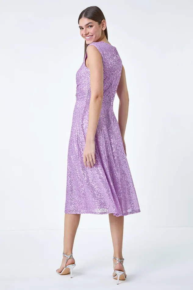 Women Lilac Sequin Wrap Detail Midi Dress Roman Dresses
