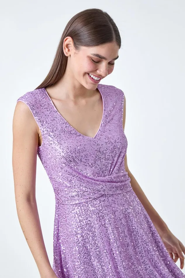 Women Lilac Sequin Wrap Detail Midi Dress Roman Dresses