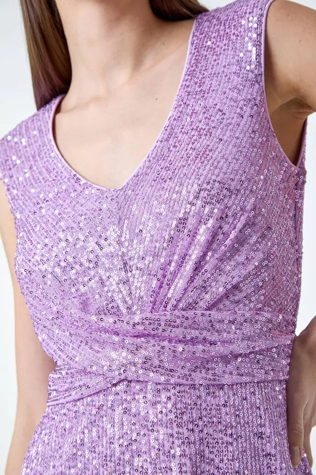 Women Lilac Sequin Wrap Detail Midi Dress Roman Dresses