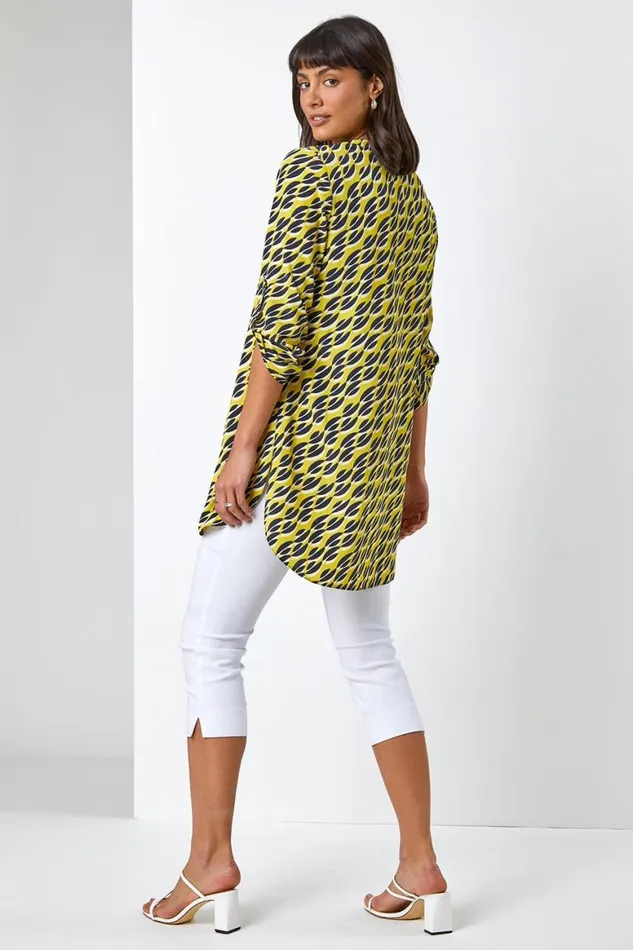 Women Lime Abstract 34 Sleeve VNeck Longline Top Roman Tops