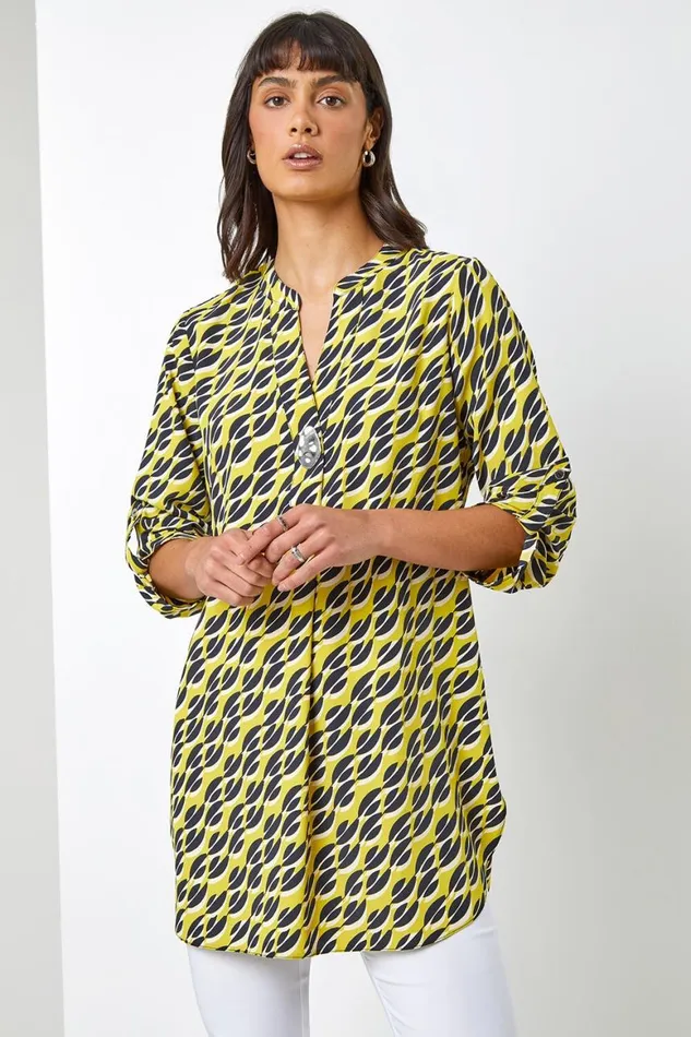 Women Lime Abstract 34 Sleeve VNeck Longline Top Roman Tops