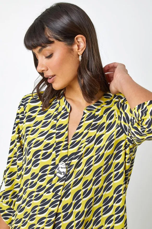 Women Lime Abstract 34 Sleeve VNeck Longline Top Roman Tops