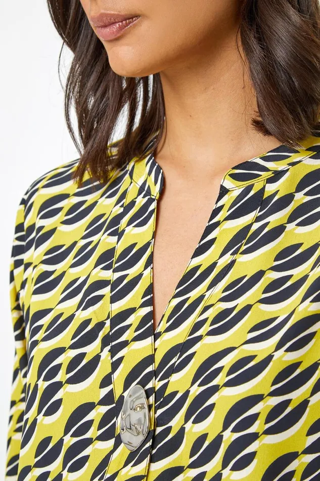 Women Lime Abstract 34 Sleeve VNeck Longline Top Roman Tops
