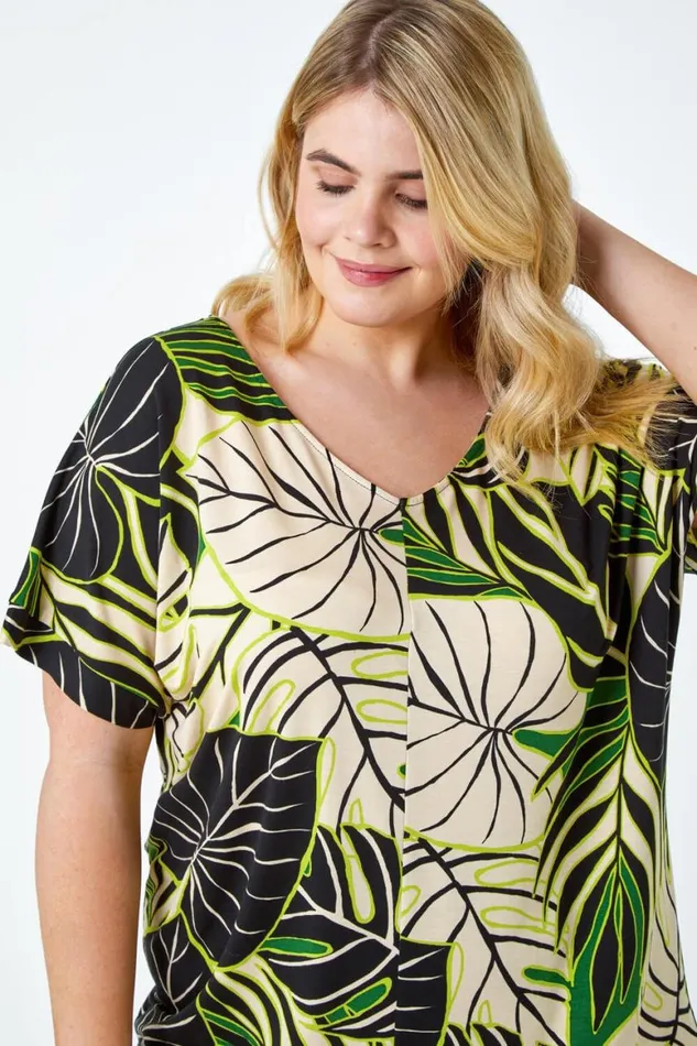 Women Lime Curve Leaf Print VNeck Blouson Stretch Top Roman Tops