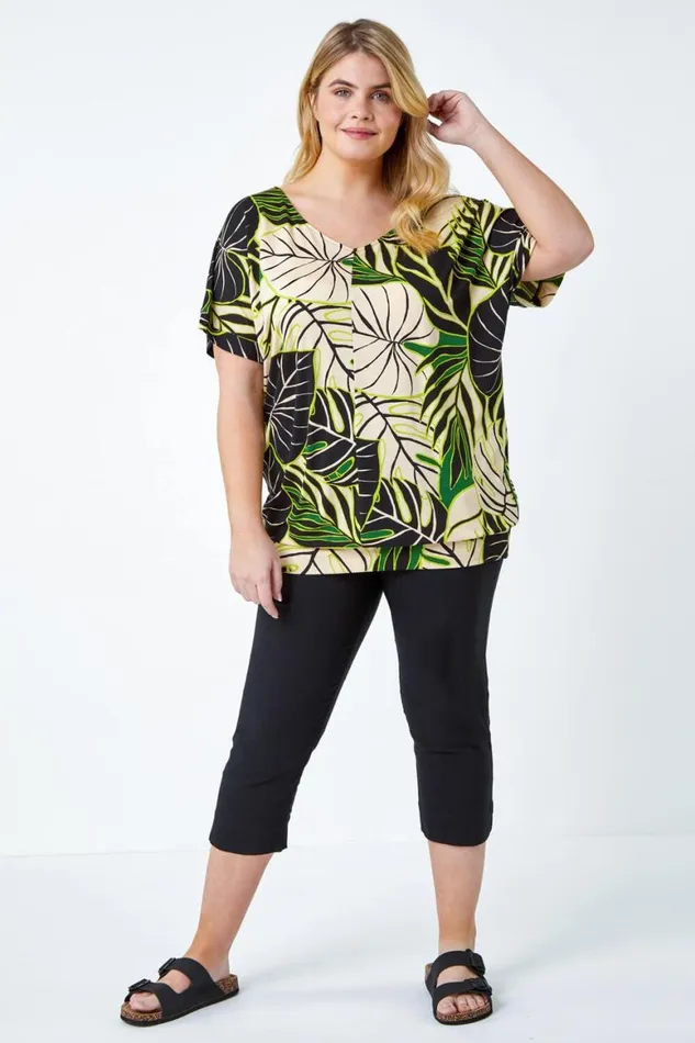 Women Lime Curve Leaf Print VNeck Blouson Stretch Top Roman Tops