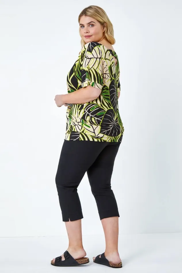 Women Lime Curve Leaf Print VNeck Blouson Stretch Top Roman Tops