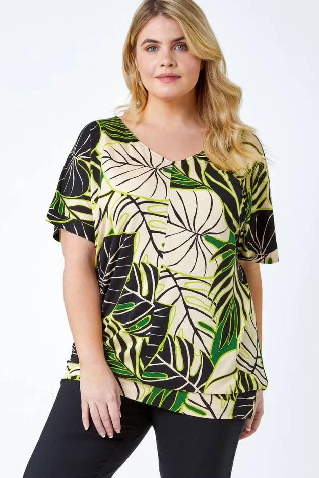 Women Lime Curve Leaf Print VNeck Blouson Stretch Top Roman Tops