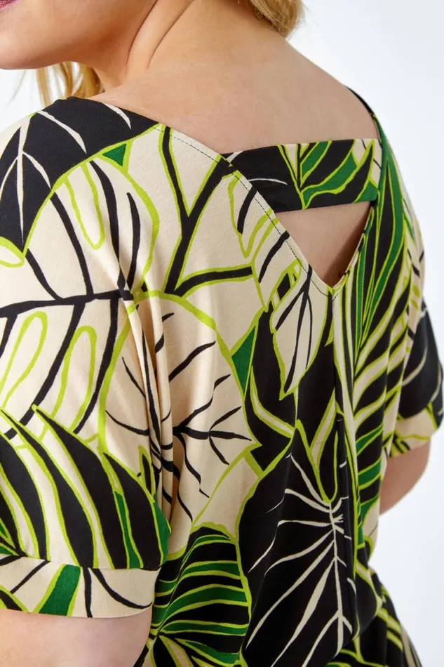 Women Lime Curve Leaf Print VNeck Blouson Stretch Top Roman Tops