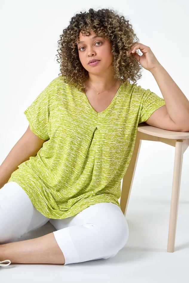 Women Lime Curve Pleat Front Printed Stretch Top Roman Tops
