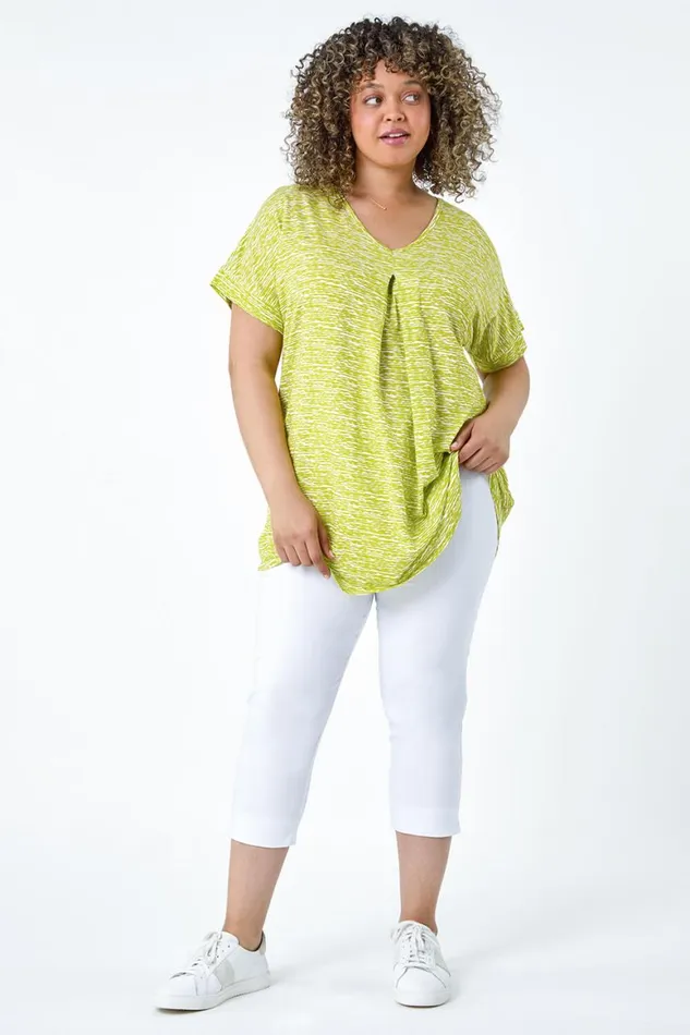 Women Lime Curve Pleat Front Printed Stretch Top Roman Tops