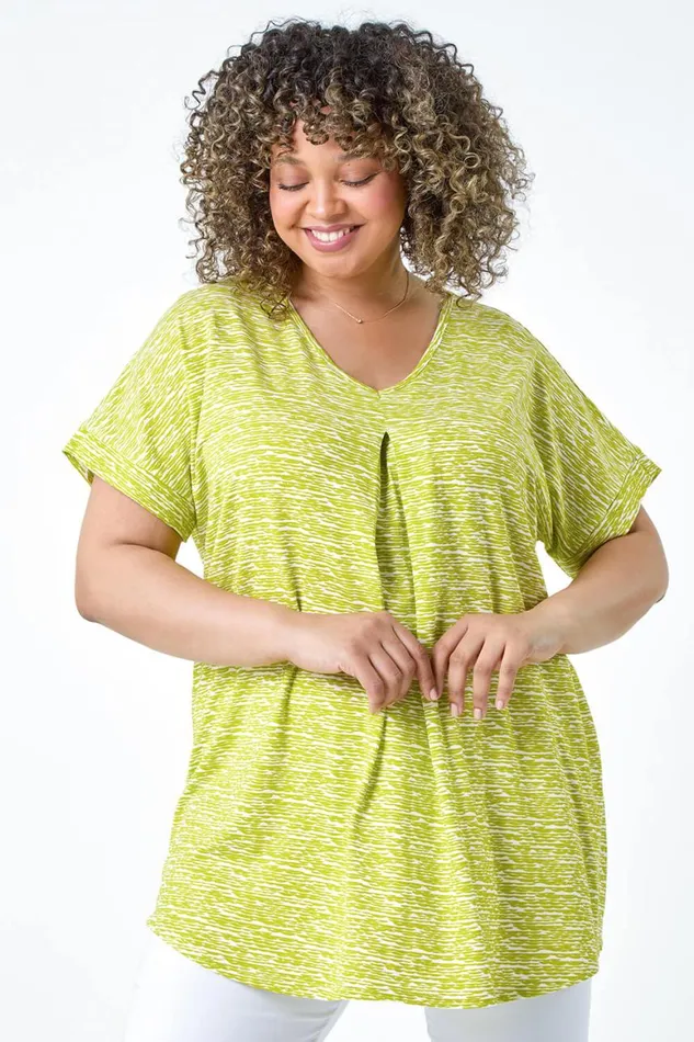 Women Lime Curve Pleat Front Printed Stretch Top Roman Tops