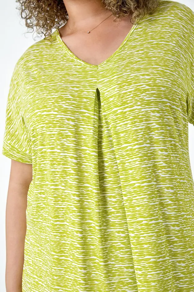 Women Lime Curve Pleat Front Printed Stretch Top Roman Tops