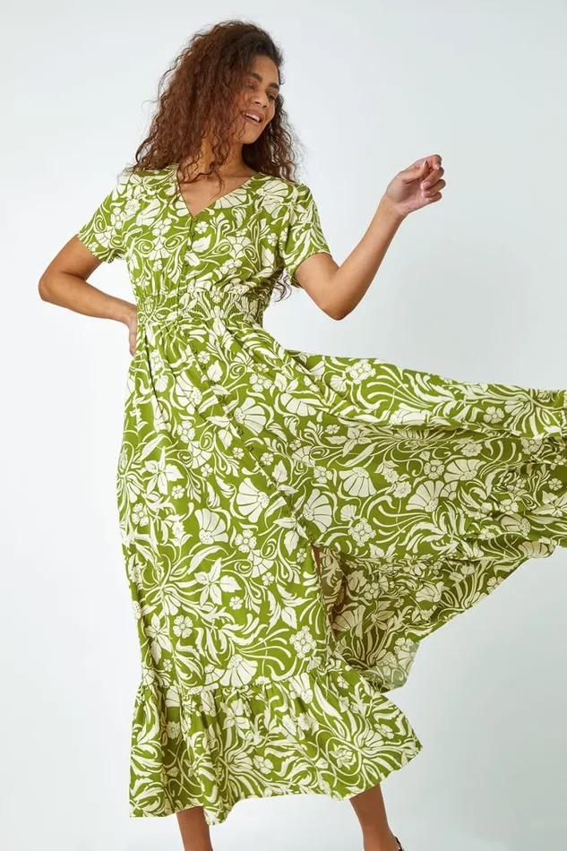 Women Lime Floral Print Button Detail Maxi Dress Roman Dresses