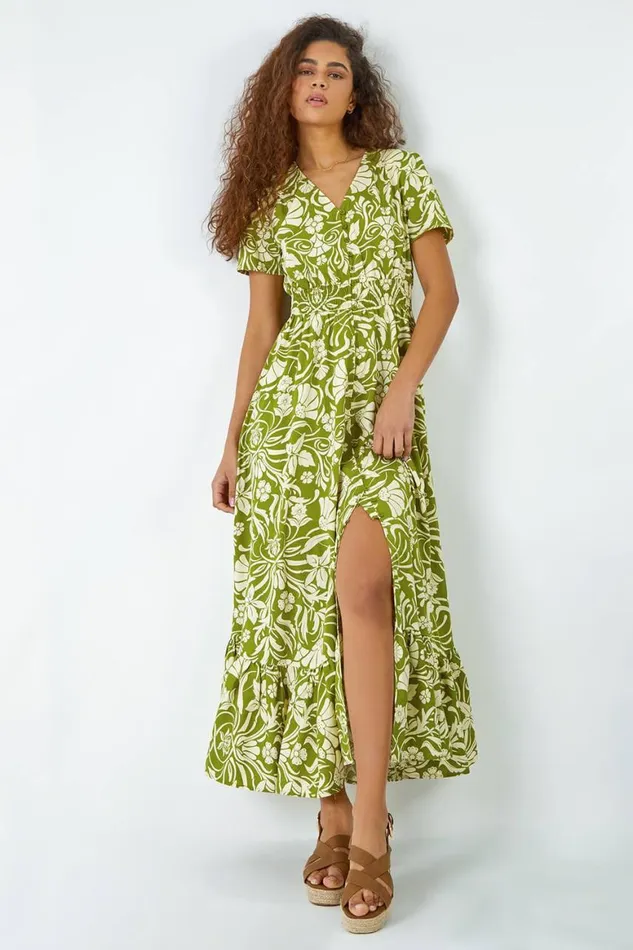 Women Lime Floral Print Button Detail Maxi Dress Roman Dresses