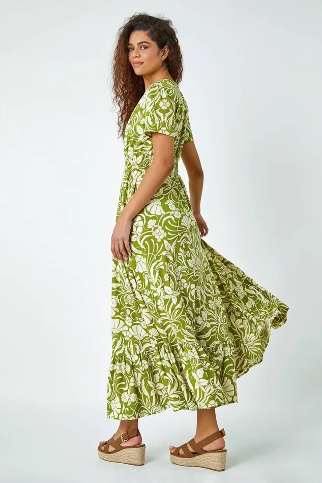 Women Lime Floral Print Button Detail Maxi Dress Roman Dresses