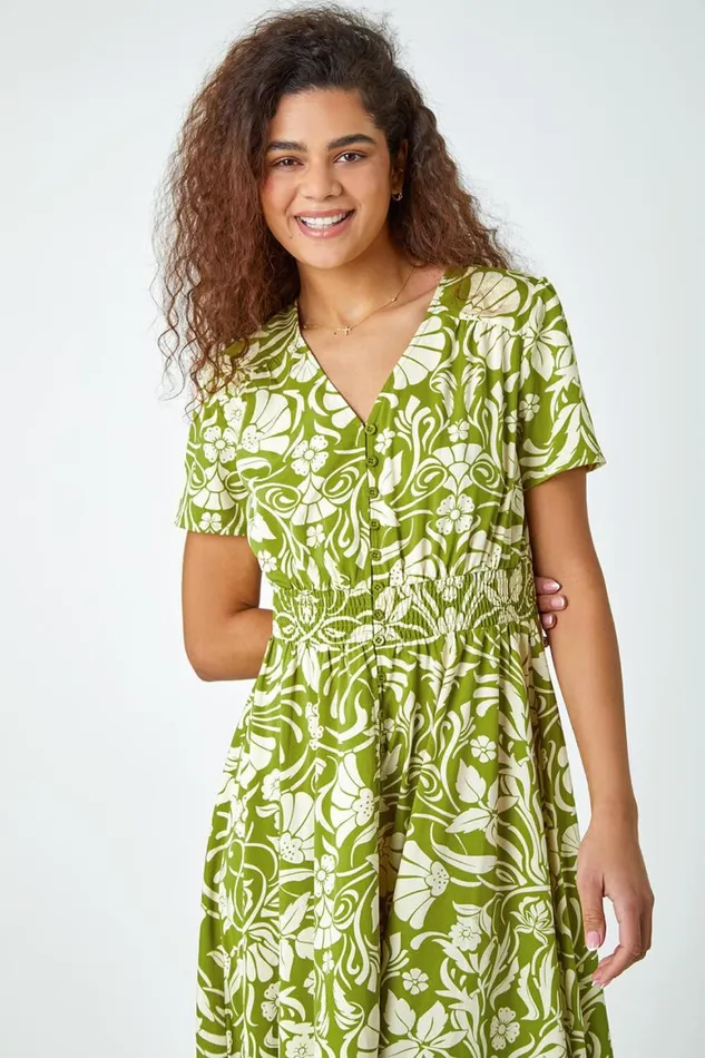 Women Lime Floral Print Button Detail Maxi Dress Roman Dresses