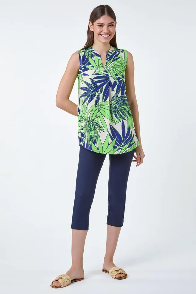 Women Lime Palm Leaf Tropical Print Sleeveless Blouse Roman Tops