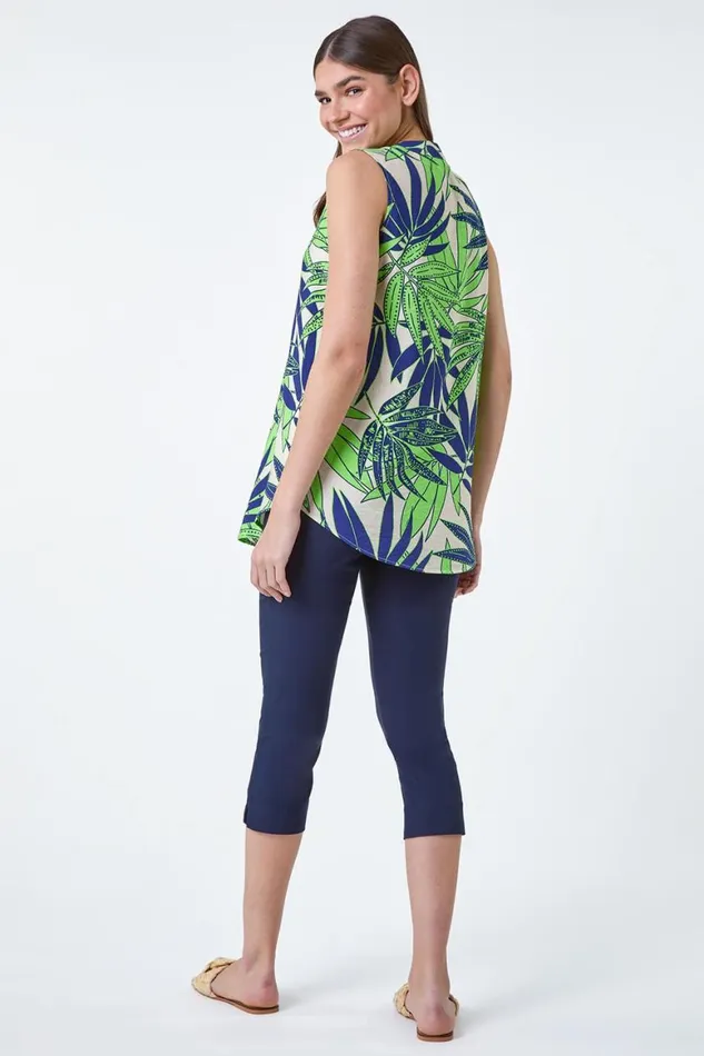 Women Lime Palm Leaf Tropical Print Sleeveless Blouse Roman Tops