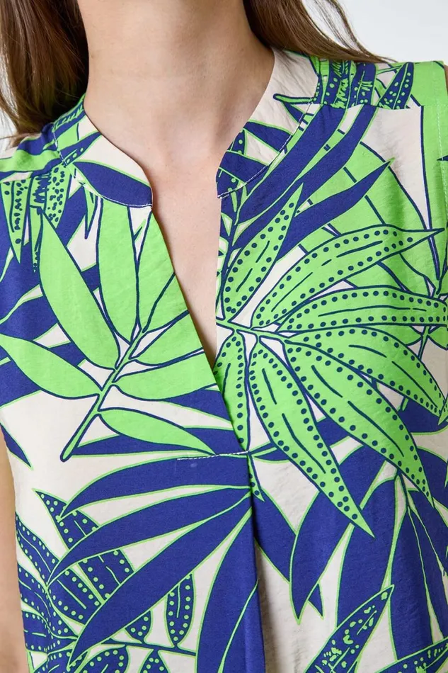 Women Lime Palm Leaf Tropical Print Sleeveless Blouse Roman Tops