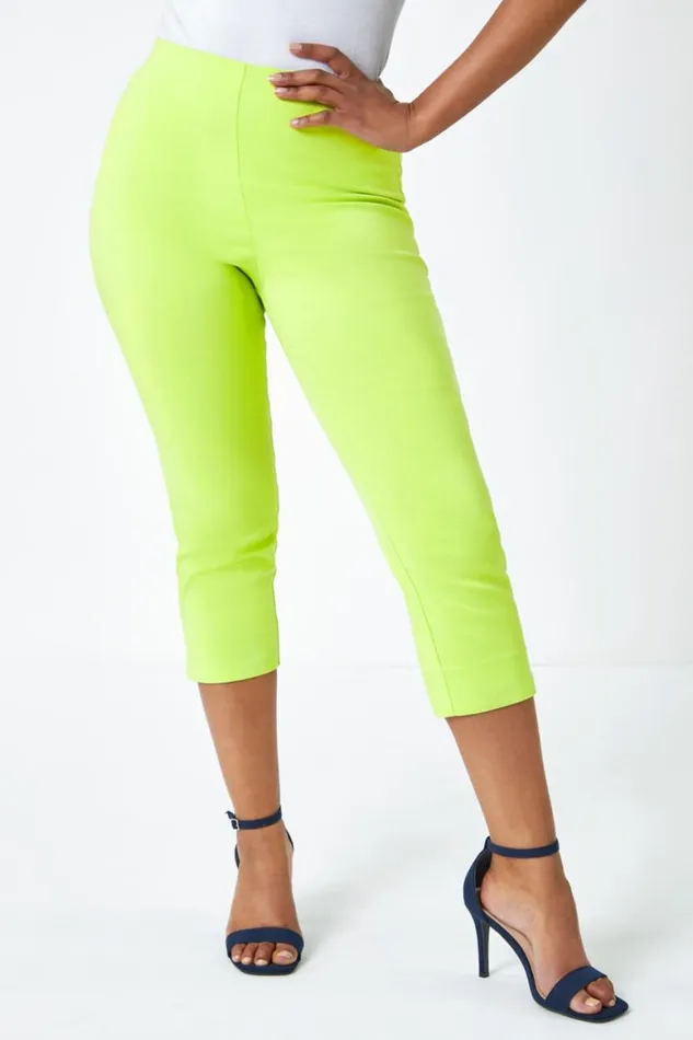 Women Lime Petite Elastic Waist Stretch Cropped Trouser Roman Trousers