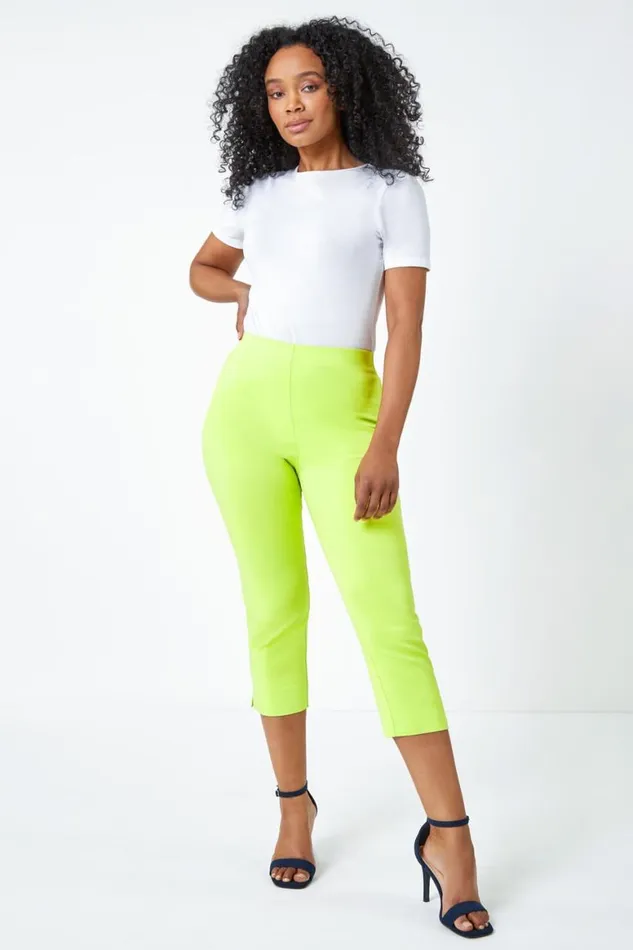 Women Lime Petite Elastic Waist Stretch Cropped Trouser Roman Trousers