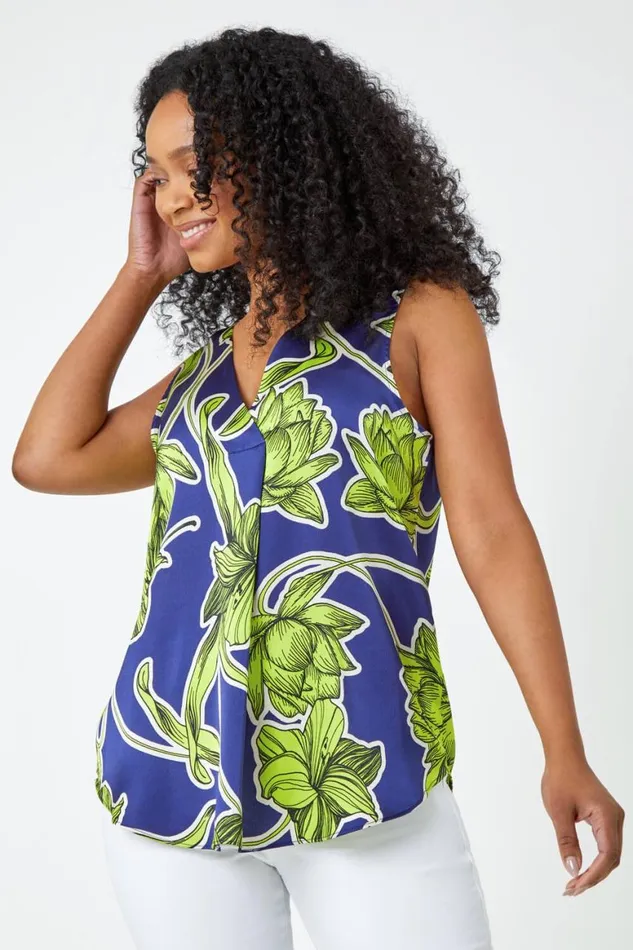 Women Lime Petite Satin Floral Print Top Roman Tops