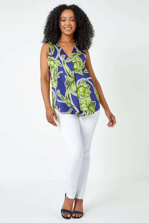 Women Lime Petite Satin Floral Print Top Roman Tops
