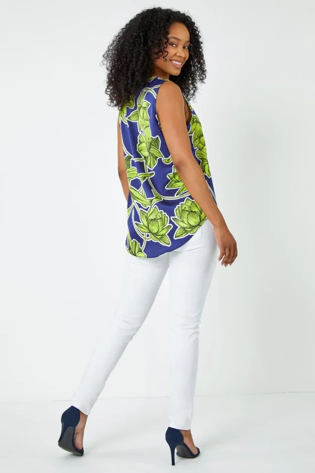Women Lime Petite Satin Floral Print Top Roman Tops