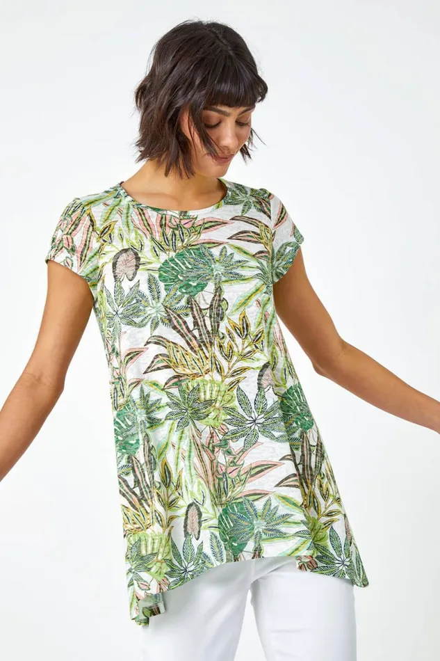 Women Lime Tropical Print Hanky Hem Tunic Top Roman Tops