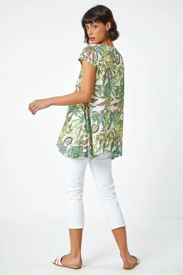Women Lime Tropical Print Hanky Hem Tunic Top Roman Tops