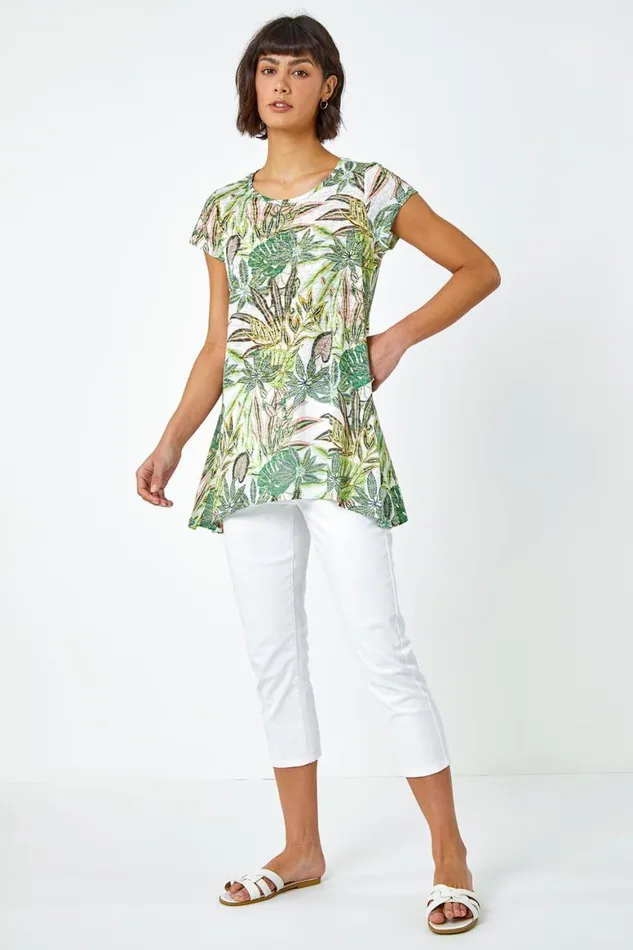 Women Lime Tropical Print Hanky Hem Tunic Top Roman Tops