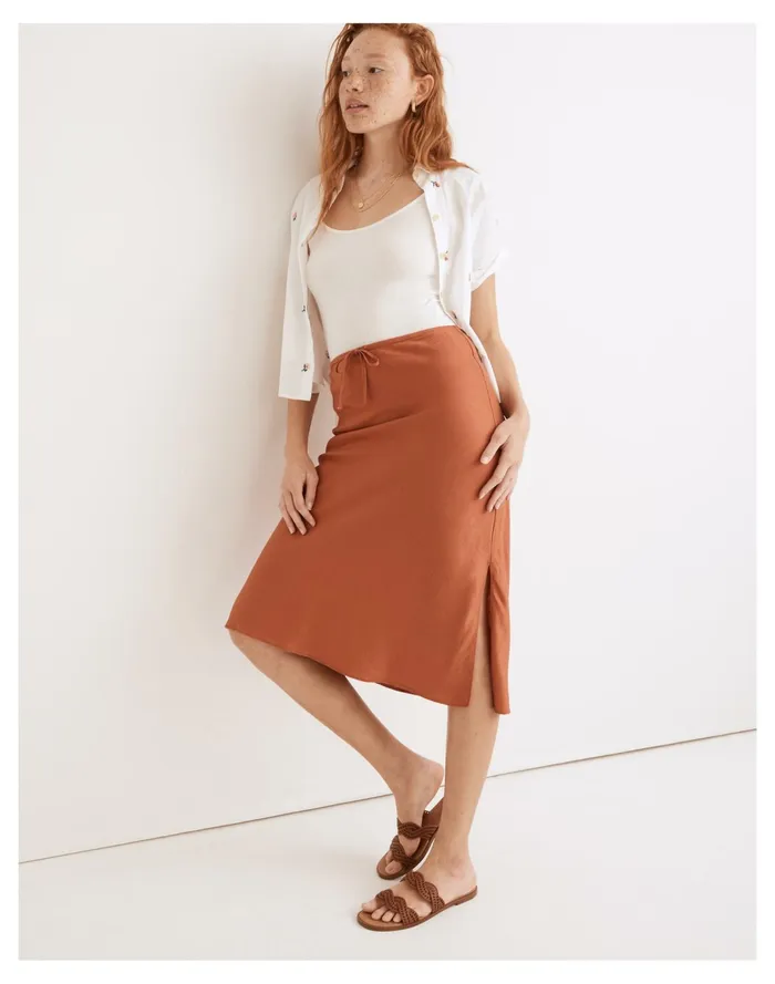 Women Linen Blend Drawstring Midi Slip Skirt Afterglow Red Madewell Skirts