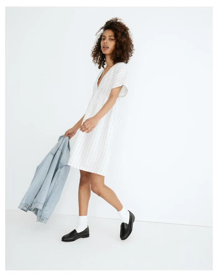 Women Linen Blend V Neck Dolman Sleeve Mini Dress In Stripe Dusty Twilight Madewell Dresses
