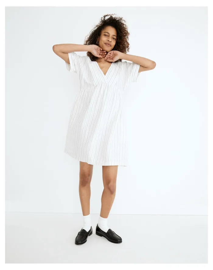 Women Linen Blend V Neck Dolman Sleeve Mini Dress In Stripe Dusty Twilight Madewell Dresses Women Linen Blend V Neck Dolman Sleeve Mini Dress In Stripe Dusty Twilight Madewell Dresses