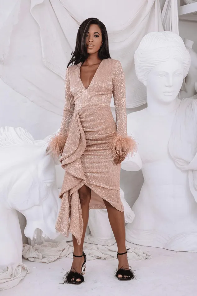 Women LongSleeve Dresses Lavish Alice ATHENA Draped Skirt Pleated Sequin Midi Dress In Gold Gold