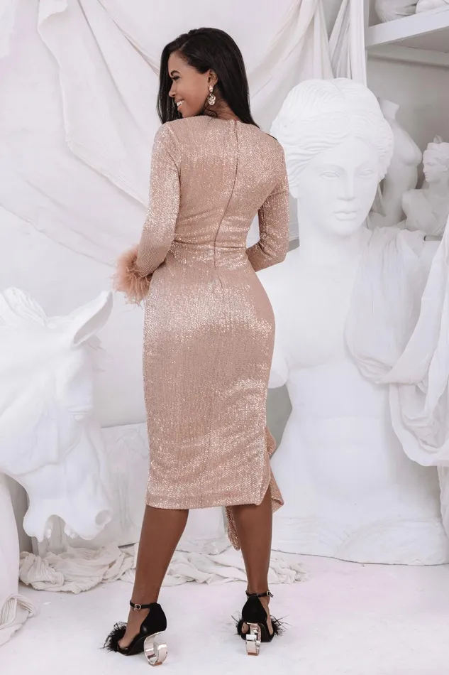 Women LongSleeve Dresses Lavish Alice ATHENA Draped Skirt Pleated Sequin Midi Dress In Gold Gold