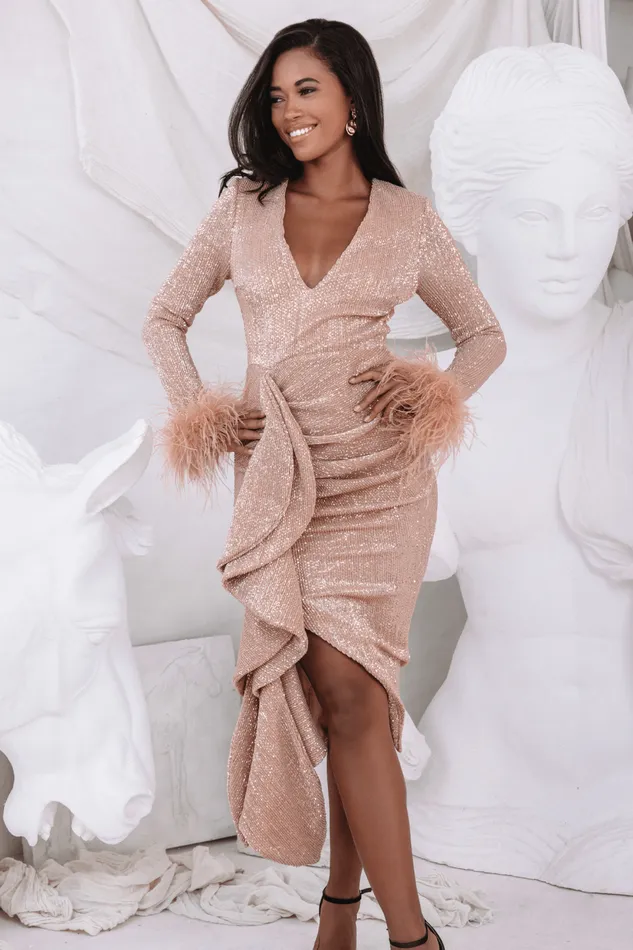Women LongSleeve Dresses Lavish Alice ATHENA Draped Skirt Pleated Sequin Midi Dress In Gold Gold