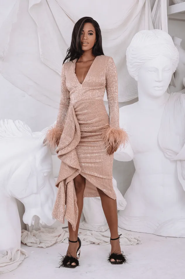 Women LongSleeve Dresses Lavish Alice ATHENA Draped Skirt Pleated Sequin Midi Dress In Gold Gold