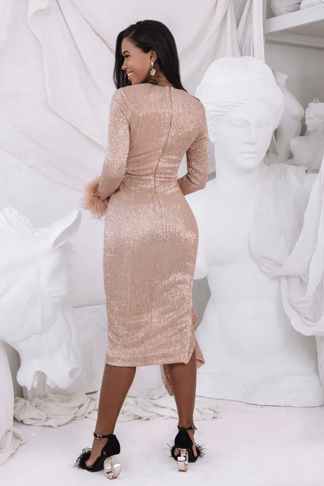 Women LongSleeve Dresses Lavish Alice ATHENA Draped Skirt Pleated Sequin Midi Dress In Gold Gold