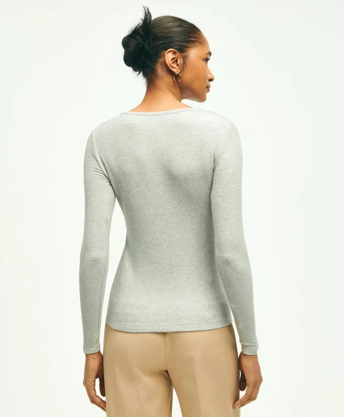 Women Long Sleeve Jersey Ribbed Scoop Neck Top Light Grey Heather Brooks Brothers Blouses and Shirts