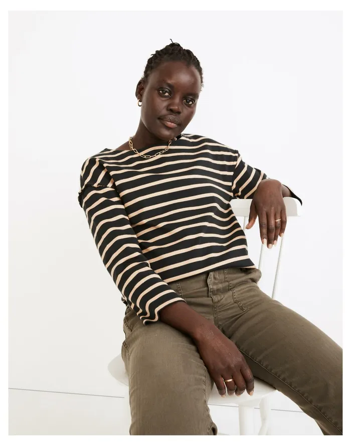 Women Luxe Long Sleeve Tee In Casler Stripe True Black Madewell Tops and Shirts