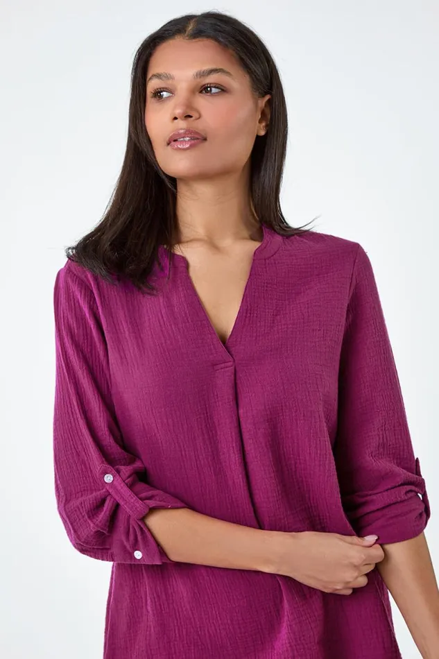 Women Magenta Pleat Detail Cotton Top Roman Tops