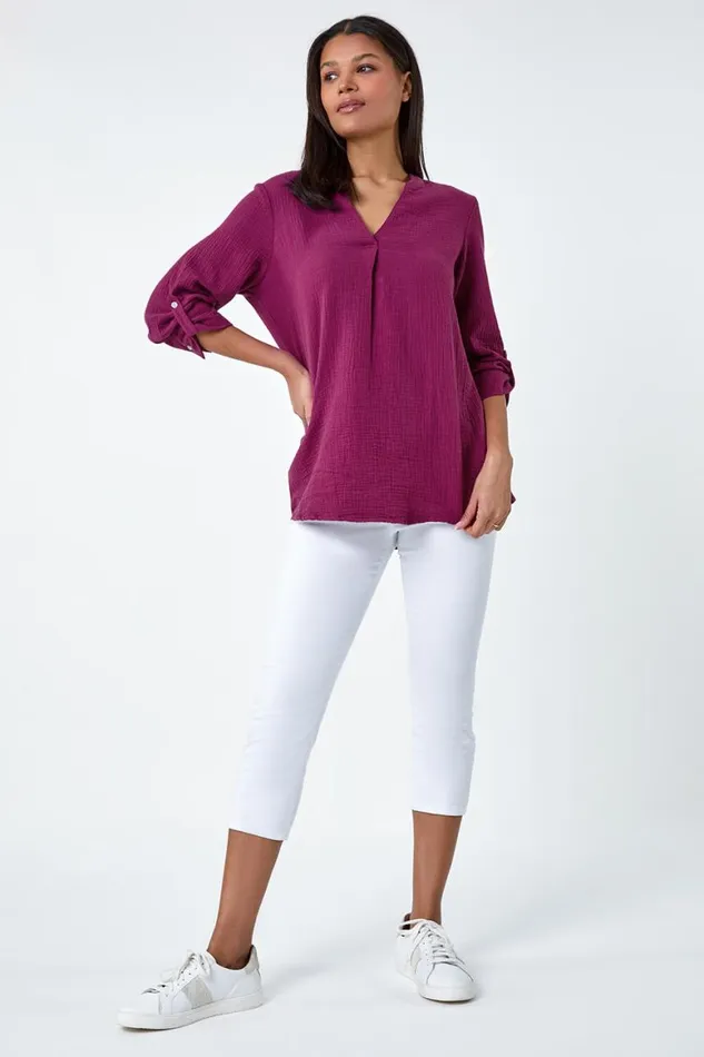 Women Magenta Pleat Detail Cotton Top Roman Tops